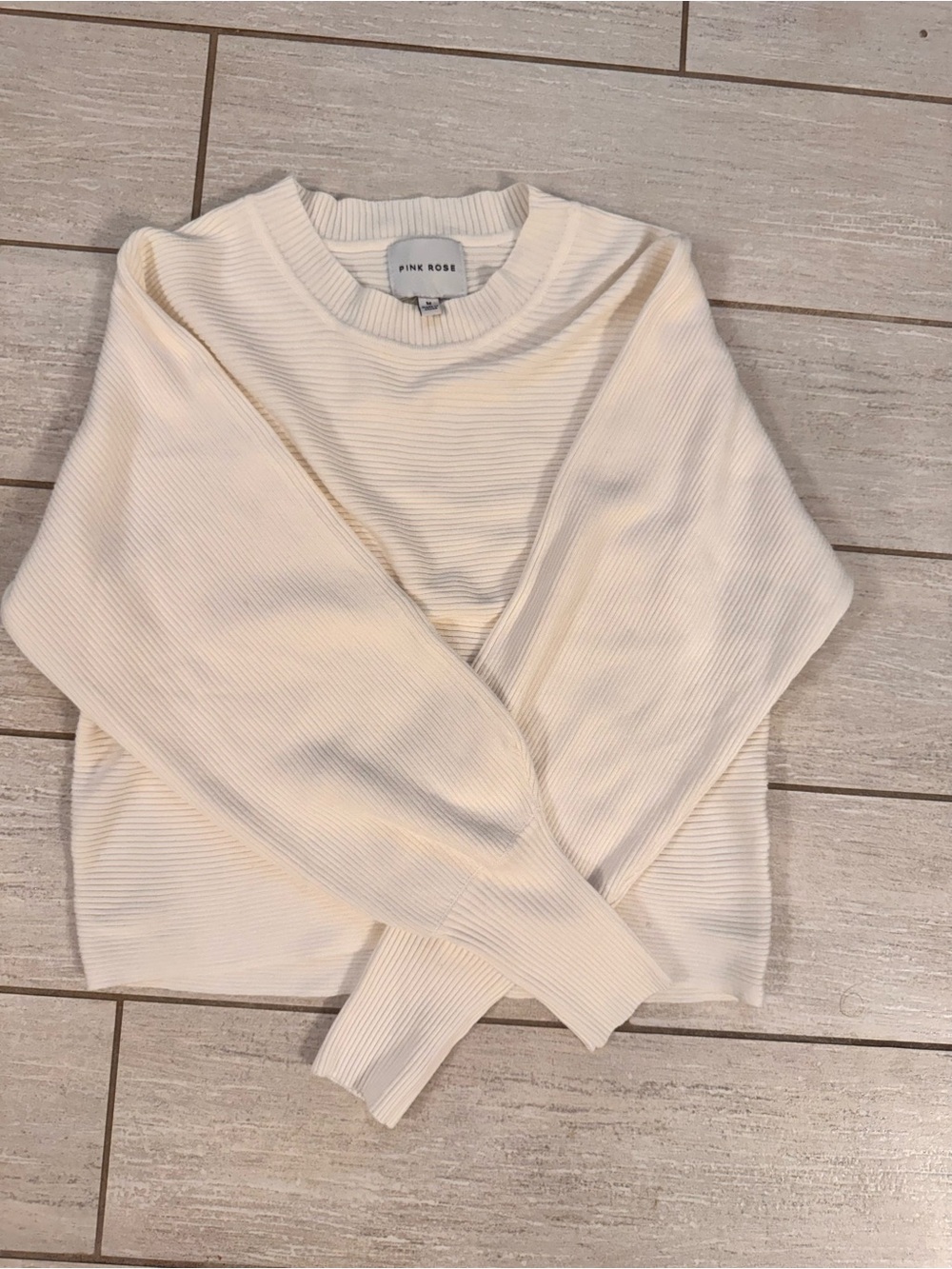 Pink Rose Cream Ribbed Crewneck Pullover